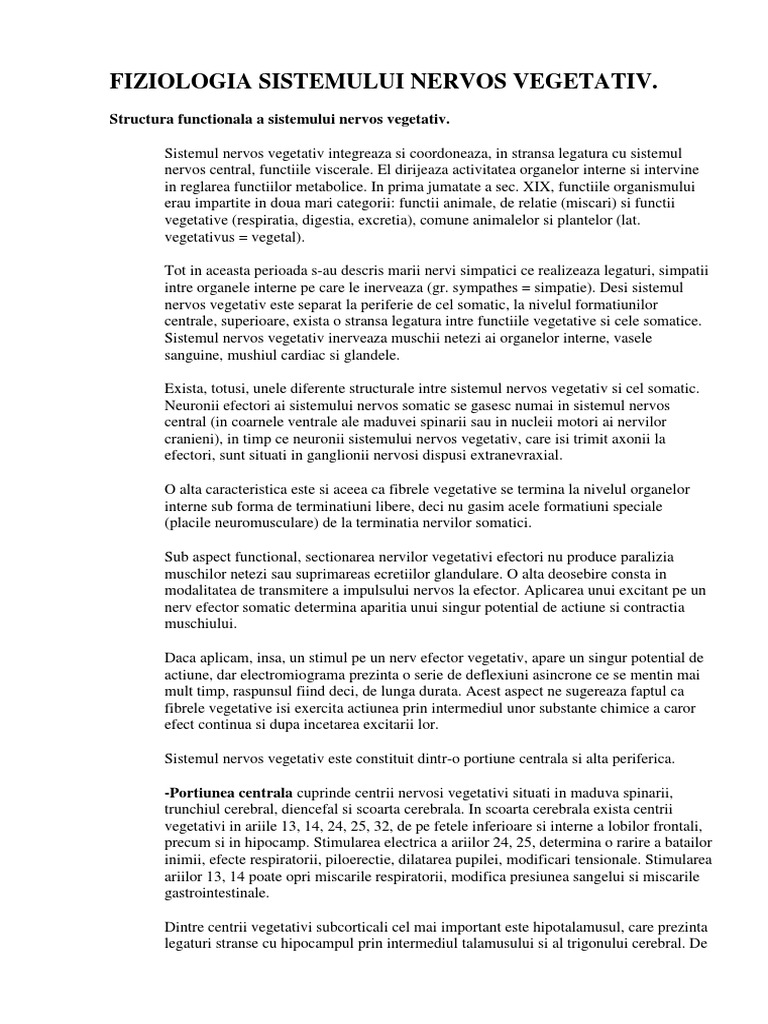 Fiziologia Sistemului Nervos Vegetativ | PDF