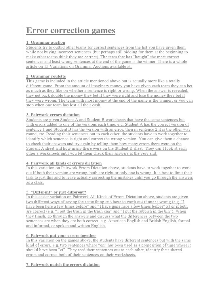 Error Correction Games PDF Error English Language