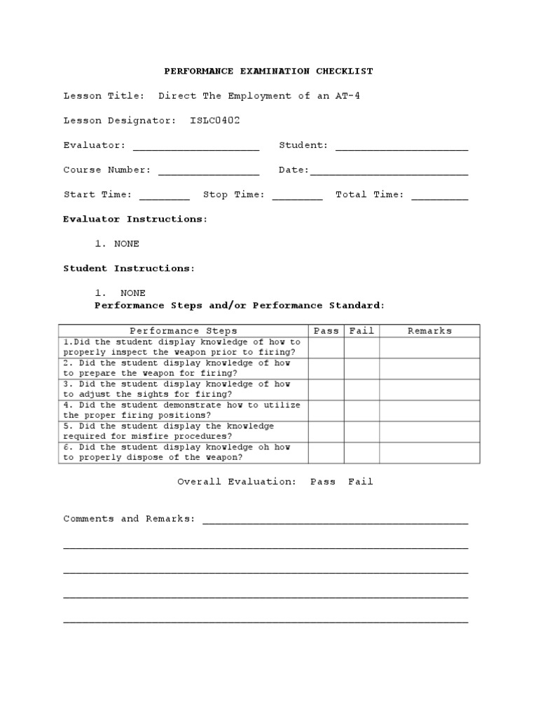 AT-4 Performance Examination Checklist | PDF | Behavior Modification ...