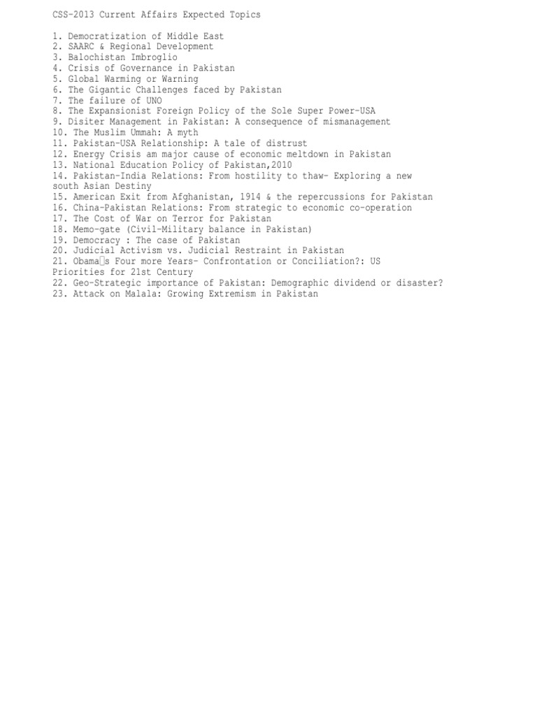 Current Affairs Topics CSS PDF