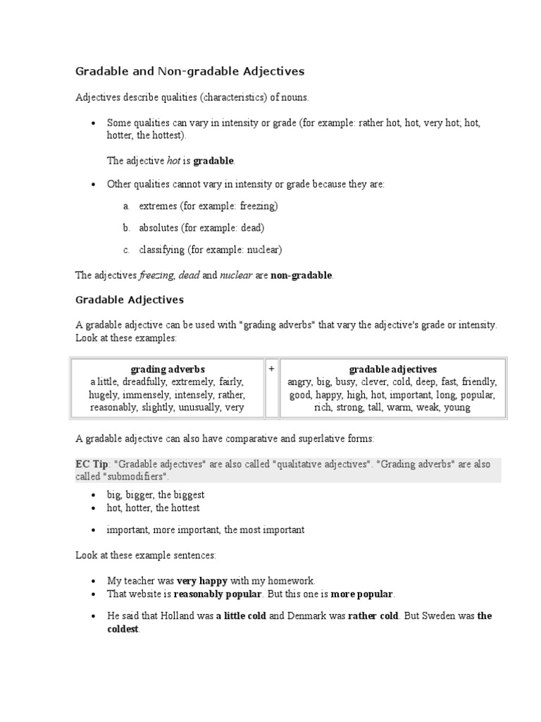Understanding Gradable vs Non-gradable Adjectives | PDF | Adjective ...