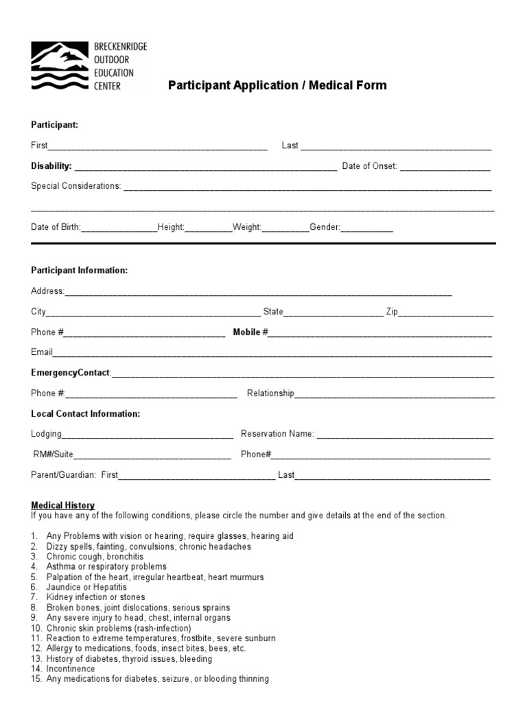 Participant Medical Application Form | PDF