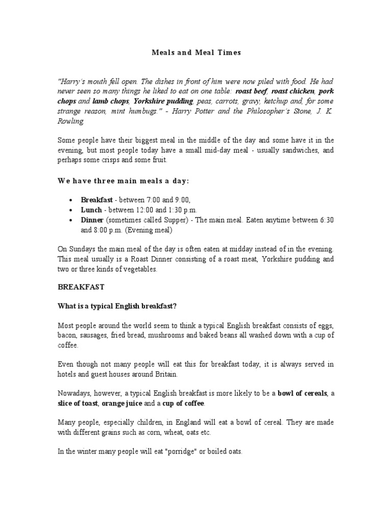 Traditional British Meals Overview | PDF | Meal | Lunch