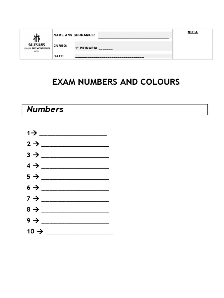 Exam Numbers and Colours