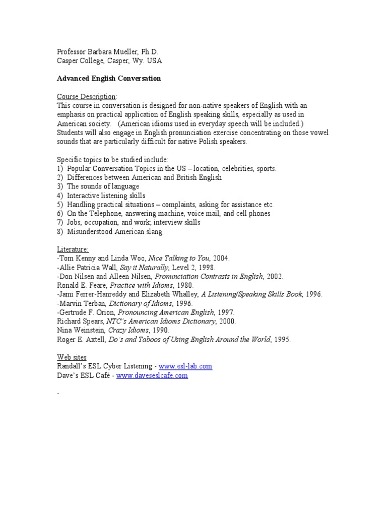 Advanced English Conversation Course Outline | PDF | Foreign Language ...
