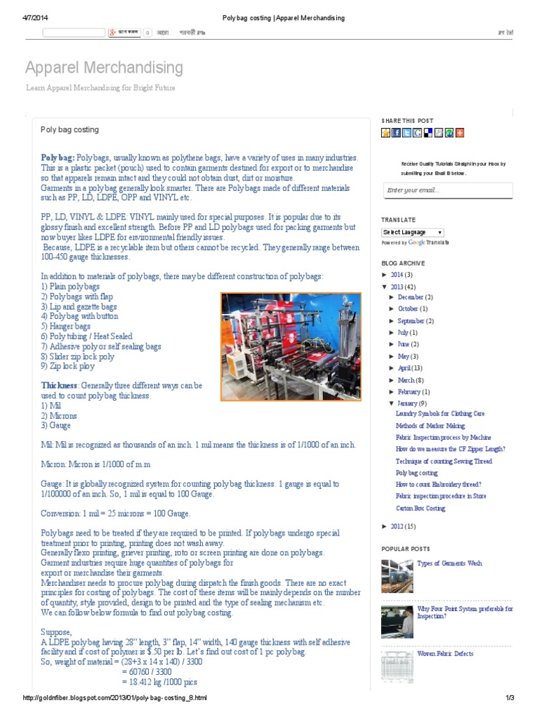 Poly Bag Costing in Apparel Merchandising | PDF | Yarn | Sewing