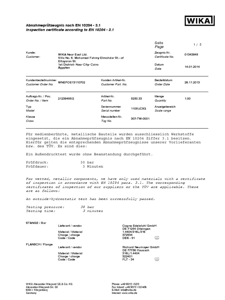 Inspection certificate according to en 10204 3 1 abnahmepr fzeugnis