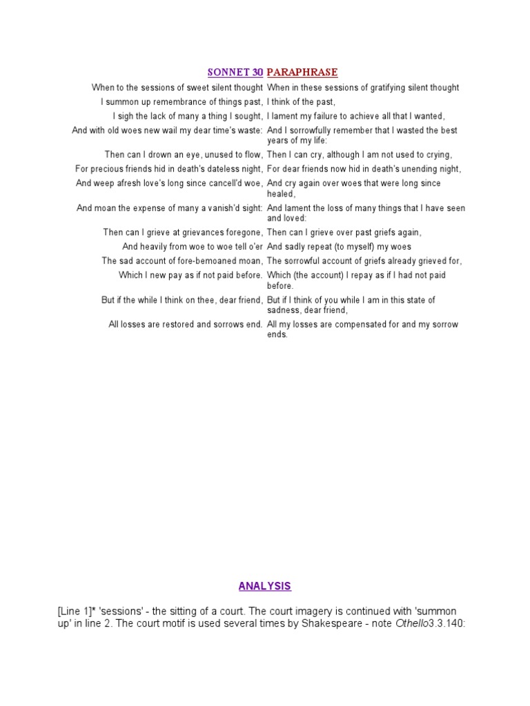 Sonnet 30 Paraphrase & Analysis | PDF | British Poetry | Literary Criticism