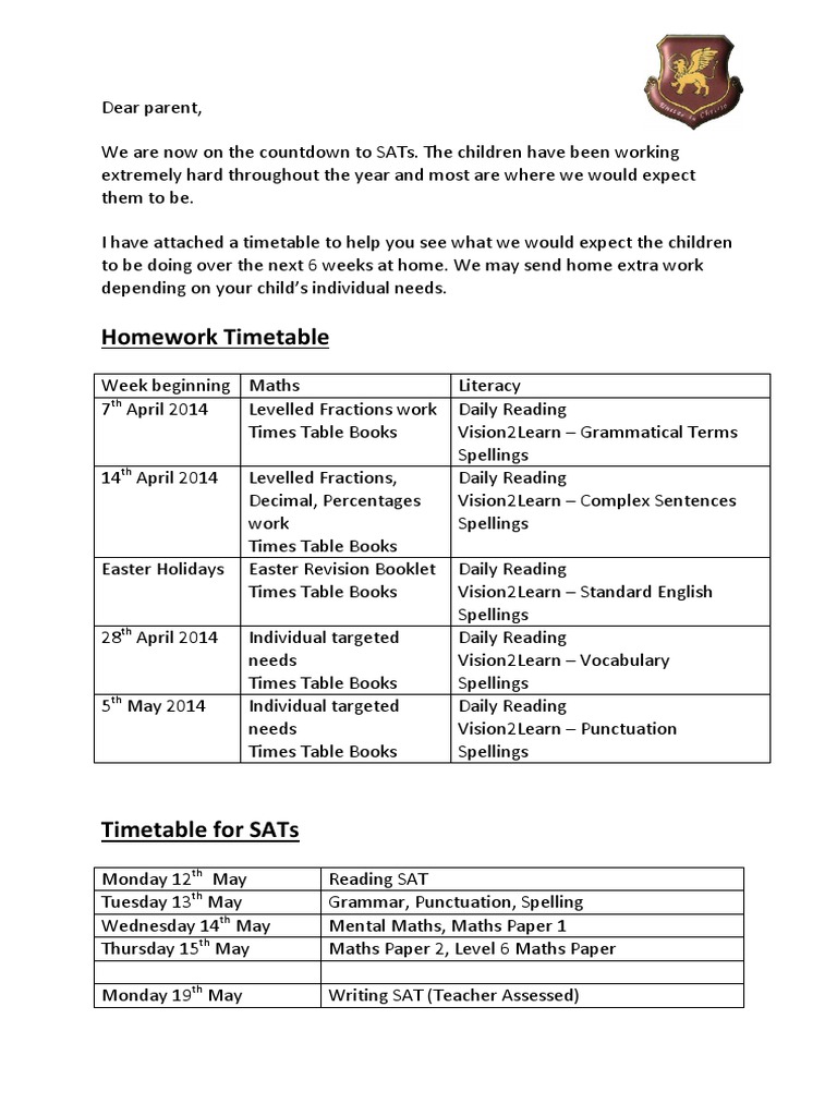 SATs Preparation Timetable for Parents | PDF | Language Arts ...