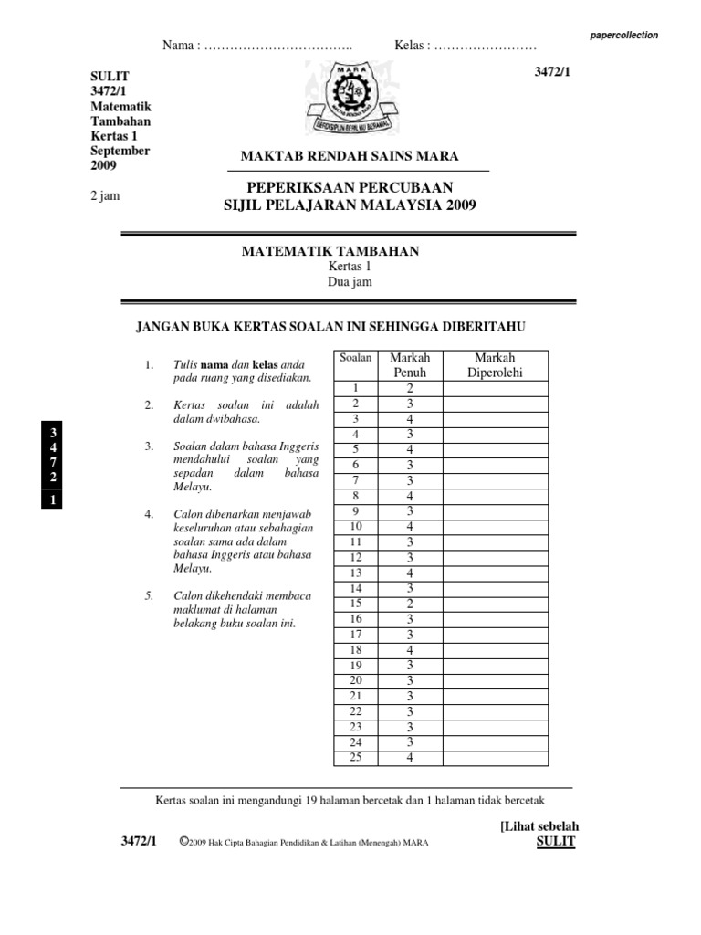 SPM Trial 2009 Addmath (MRSM) | PDF