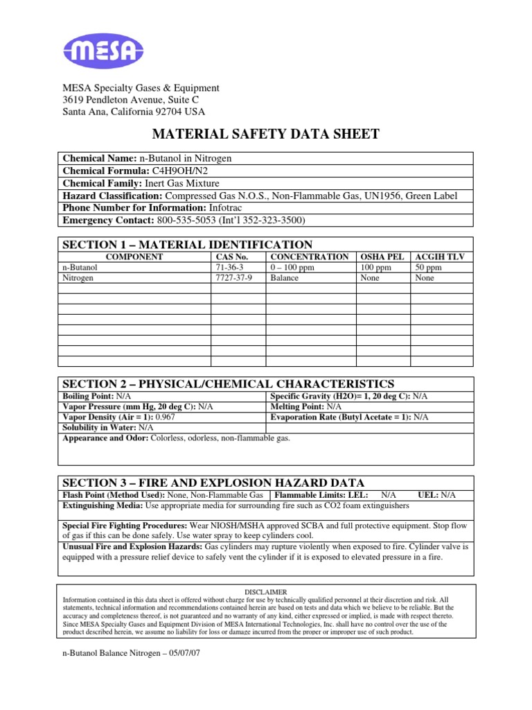 N Butanol Msds Pdf Breathing Gases