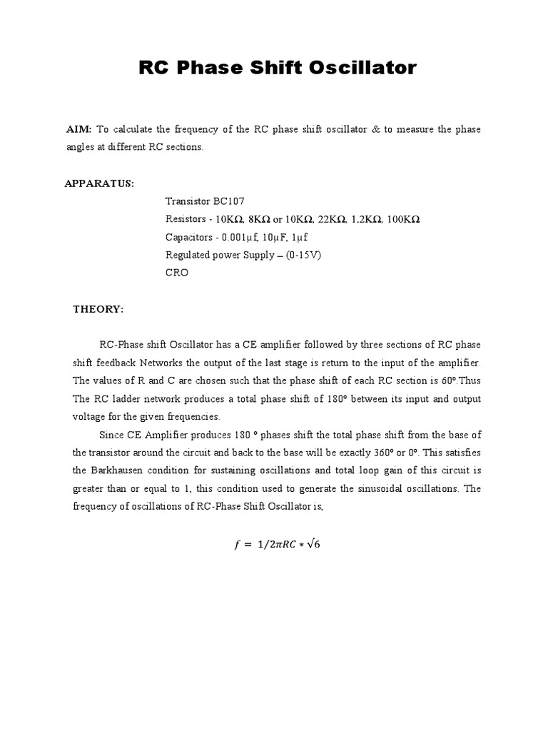 RC Phase Shift Oscillator Experiment | PDF | Electronic Oscillator ...