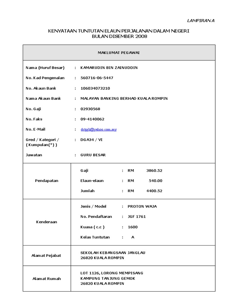 Contoh Borang Claim Perjalanan