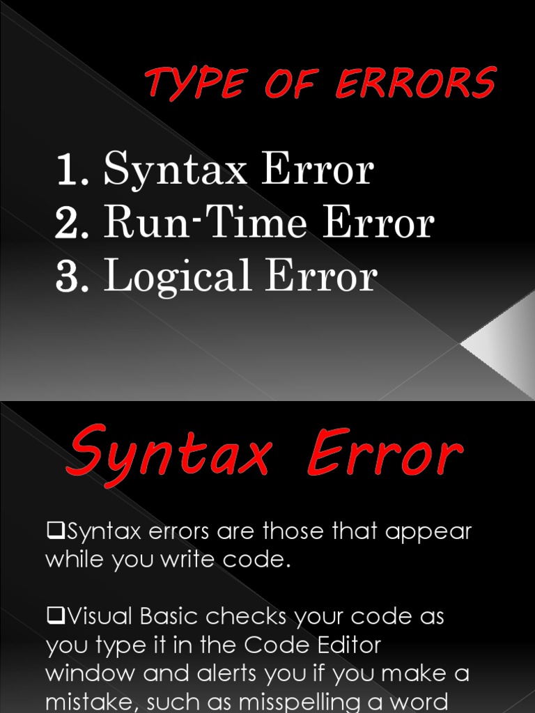 Syntax Error 2. Run-Time Error 3. Logical Error | PDF