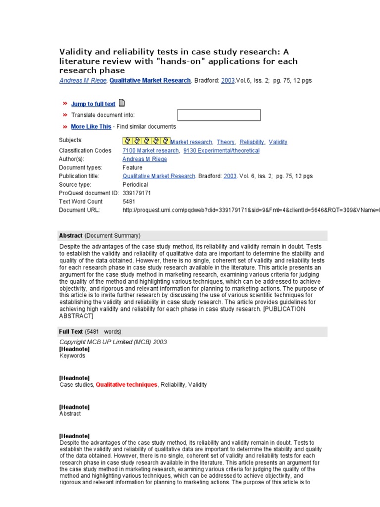 Validity and Reliability Tests in Case Study Research | PDF | Case ...