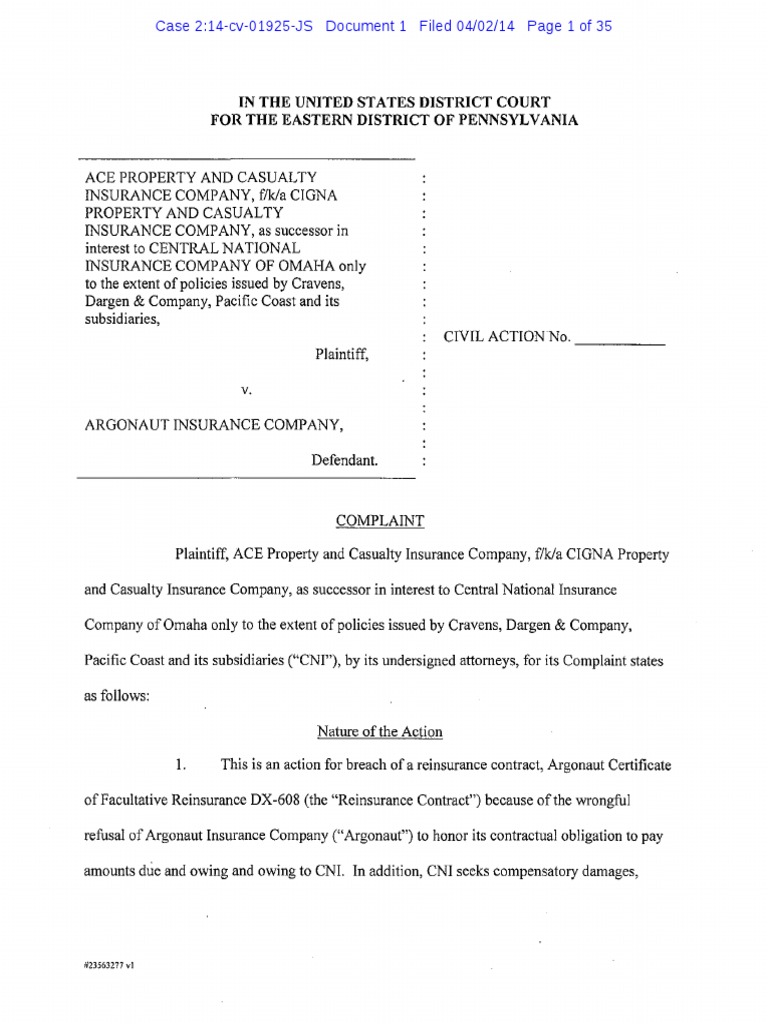 ACE PROPERTY AND CASUALTY INSURANCE COMPANY v. ARGONAUT INSURANCE