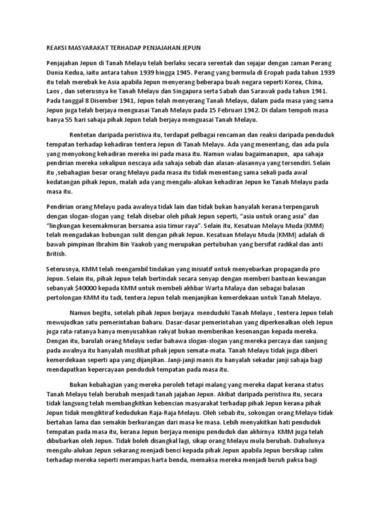 Reaksi Masyarakat Terhadap Penjajahan Jepun Pdf