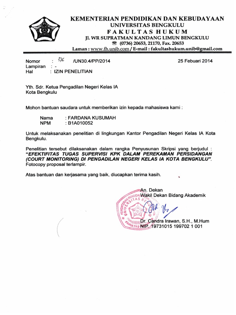 Surat Izin Penelitian Dari Fakultas Hukum Unib Untuk Pn Bkl Pdf