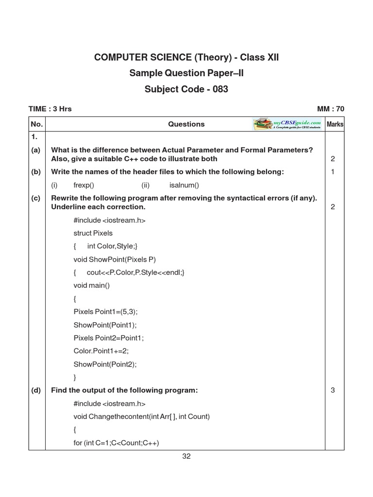 CBSE Class 12 Computer Science Solved Sample Paper02 (for 2011