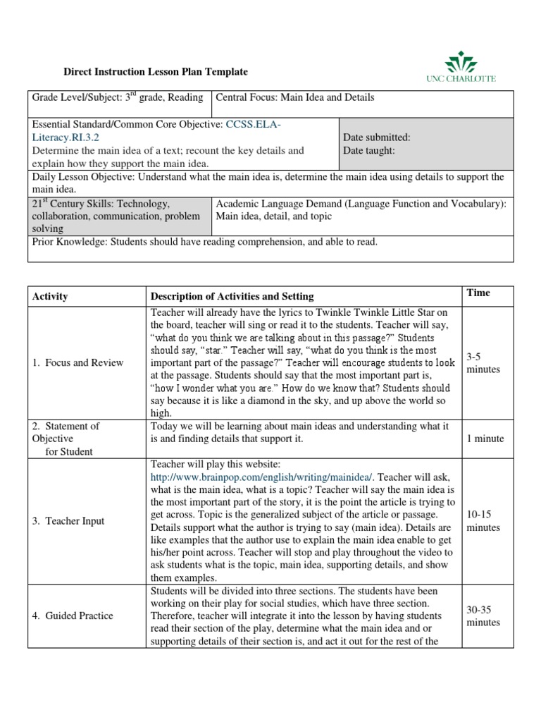 3rd Grade Reading Lesson Plan: Main Idea | PDF | Lesson Plan | Teachers