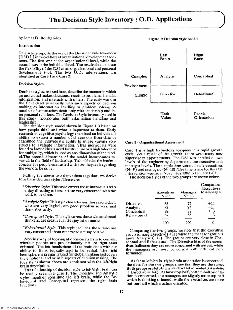 The Decision Style Inventory for Organisational Development | PDF ...