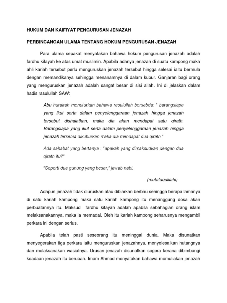 Hukum Dan Kaifiyat Pengurusan Jenazah