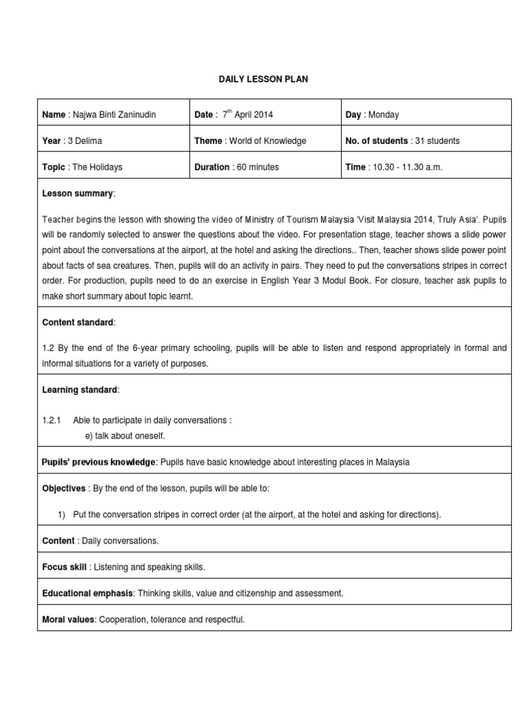 Year 3 Lesson Plan: The Holidays | PDF | Lesson Plan | Pedagogy