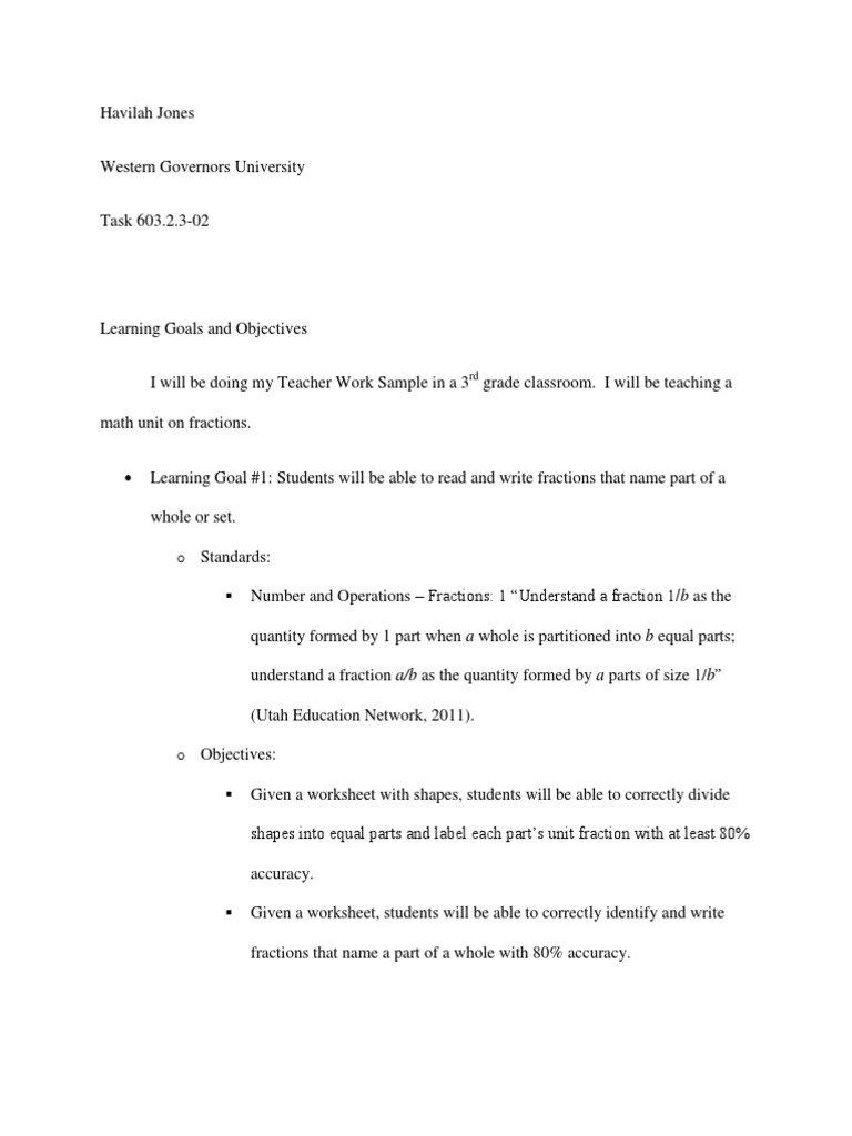 worksheet Goals And Objectives Worksheet learning goals and objectives fraction mathematics goal