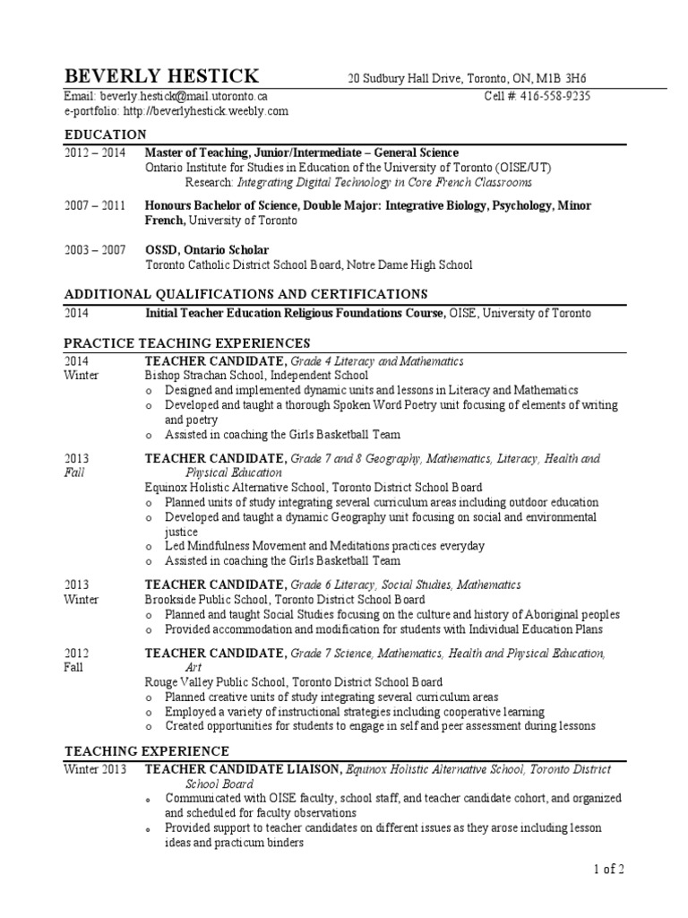 My Resume For Ontario School Boards Apr 8 2014 PDF Secondary