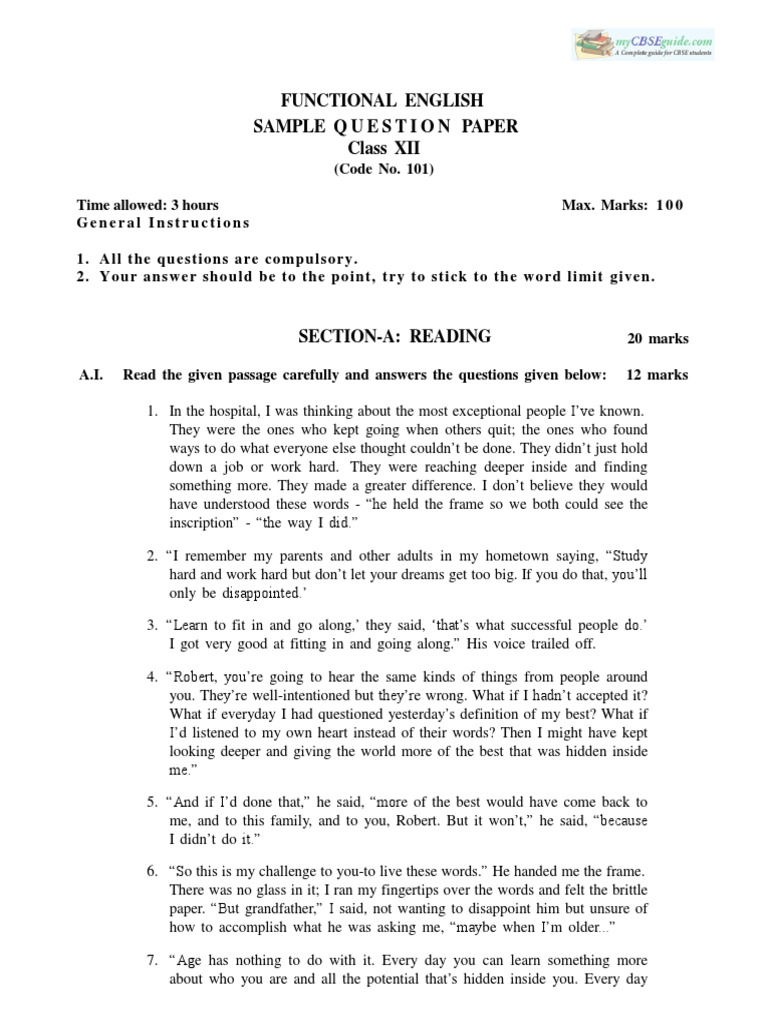 CBSE Class 12 English Functional Sample Paper (For 2014) | PDF ...