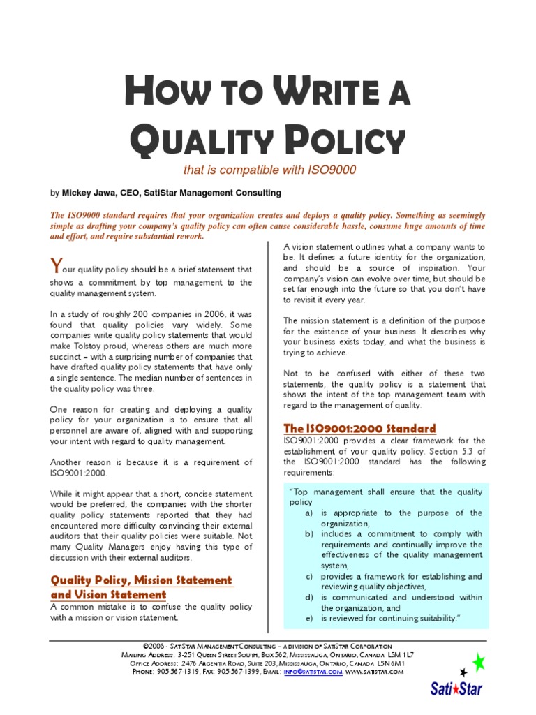 Writing a Quality Policy Statement Iso 9000 Audit