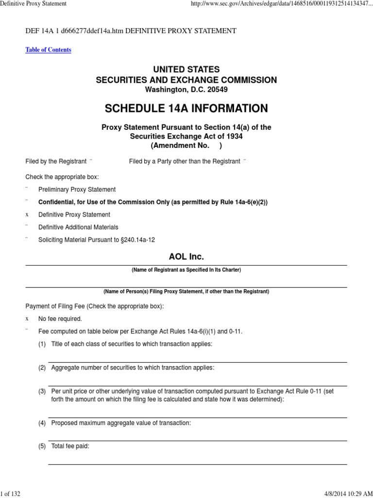 AOL Inc. 2014 Proxy Statement | PDF | Proxy Voting | Board Of Directors