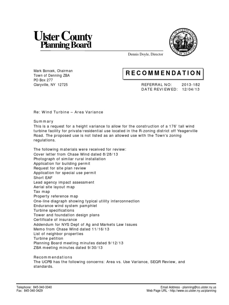 Ulster County Planning Board On Denning Wind Turbine