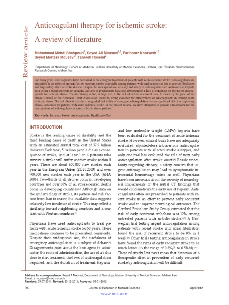 Anticoagulant Therapy For Ischemic Stroke | PDF | Stroke | Ischemia