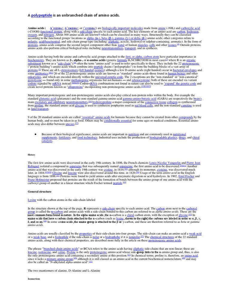 Polypeptide A Is An Unbranched Chain of Amino Acids PDF Amino Acid