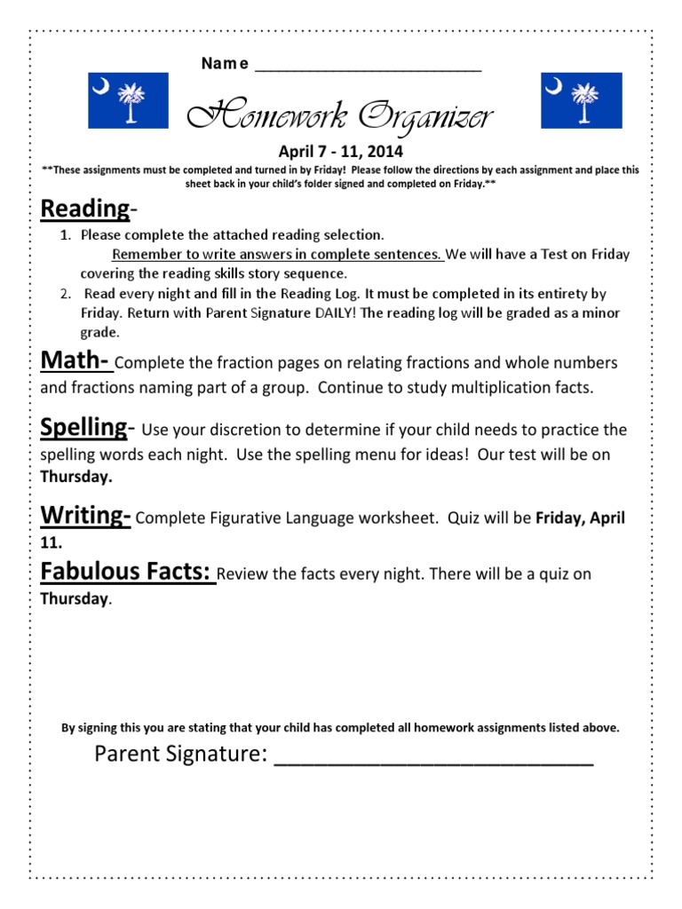 Weekly Homework Organizer April 2014 | PDF
