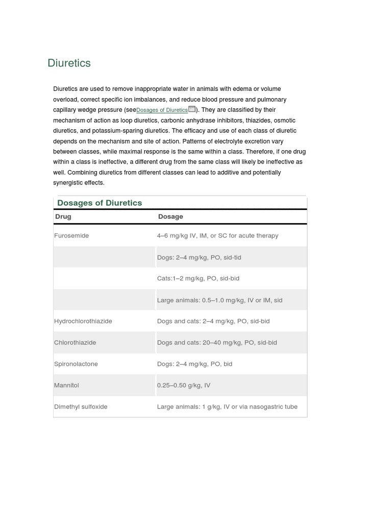 Dosages of Diuretics PDF Pharmacology Drugs