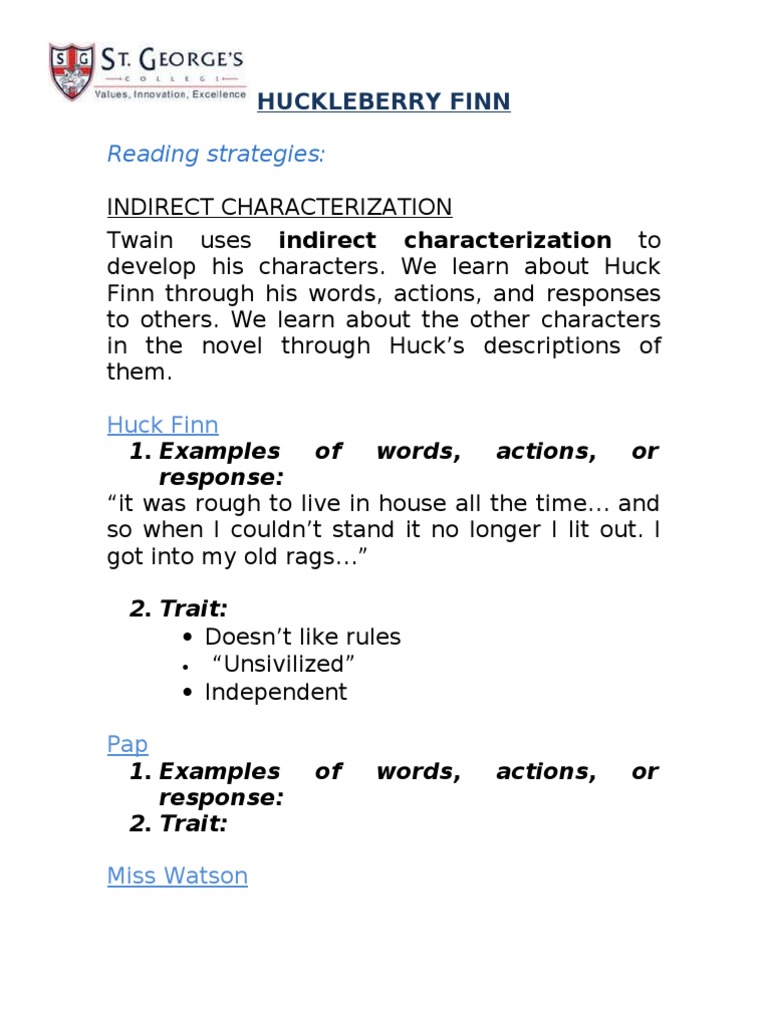 Huckleberry Finn Indirect Characterization Pdf