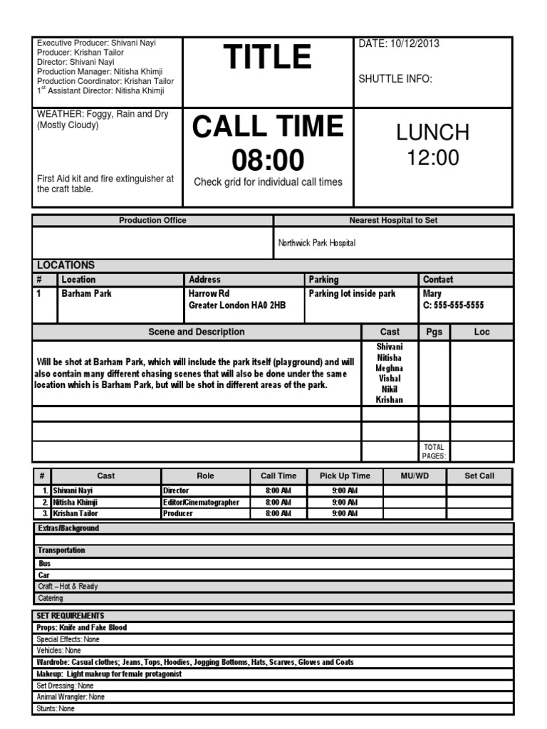 Call Sheet | PDF | Leisure