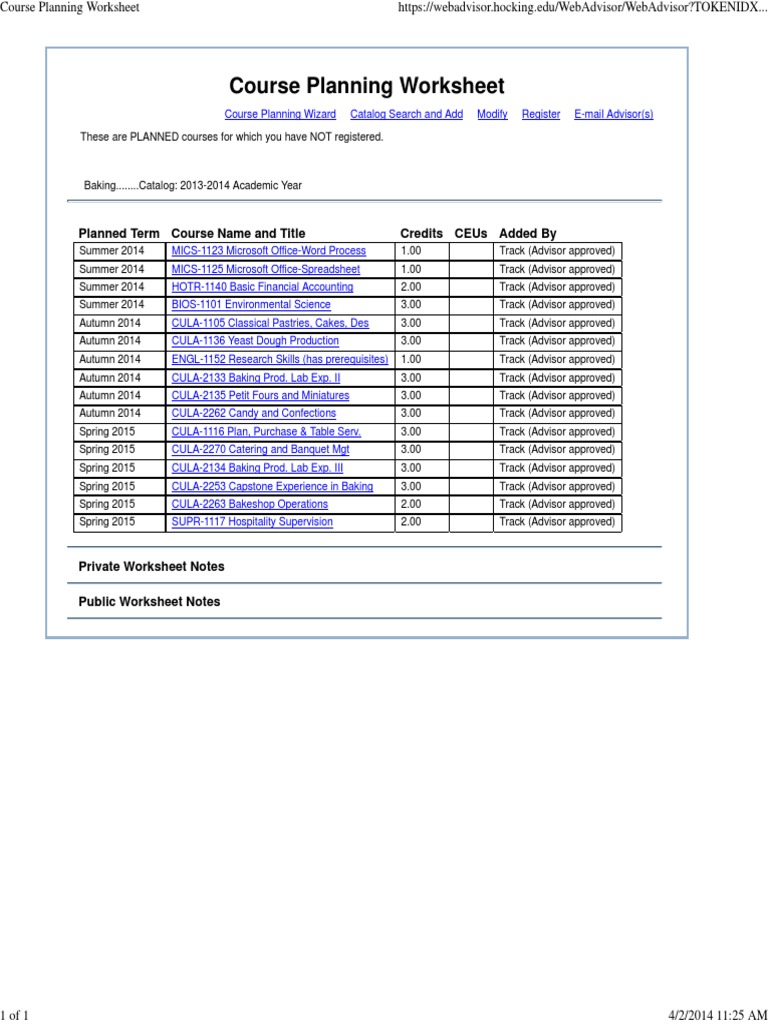 Course Planning Worksheet for Baking | PDF
