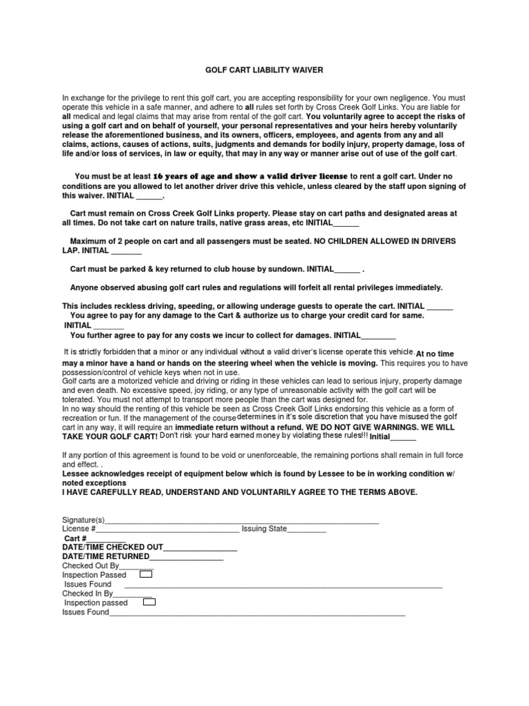Golf Cart Liability Waiver  PDF  Lease  Vehicles Within golf cart rental agreement template