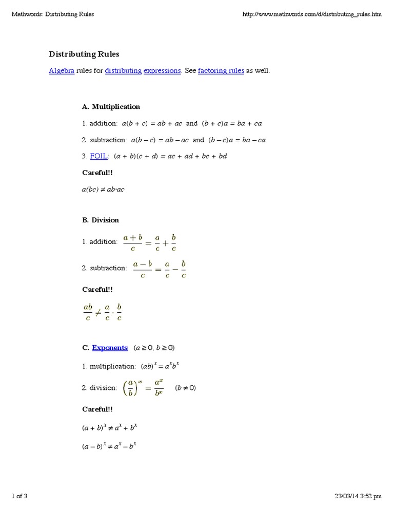 Algebra Distributing Expressions Factoring Rules | PDF
