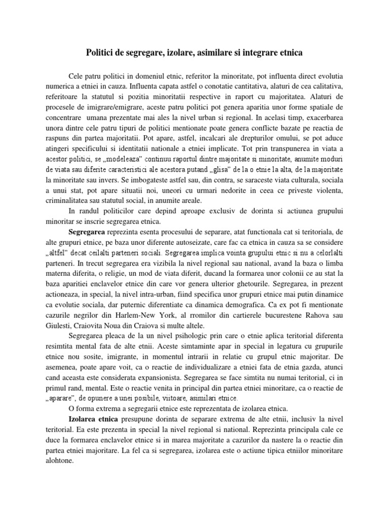 Politici de Segregare, Izolare, Asimilare Si Integrare Etnica | PDF
