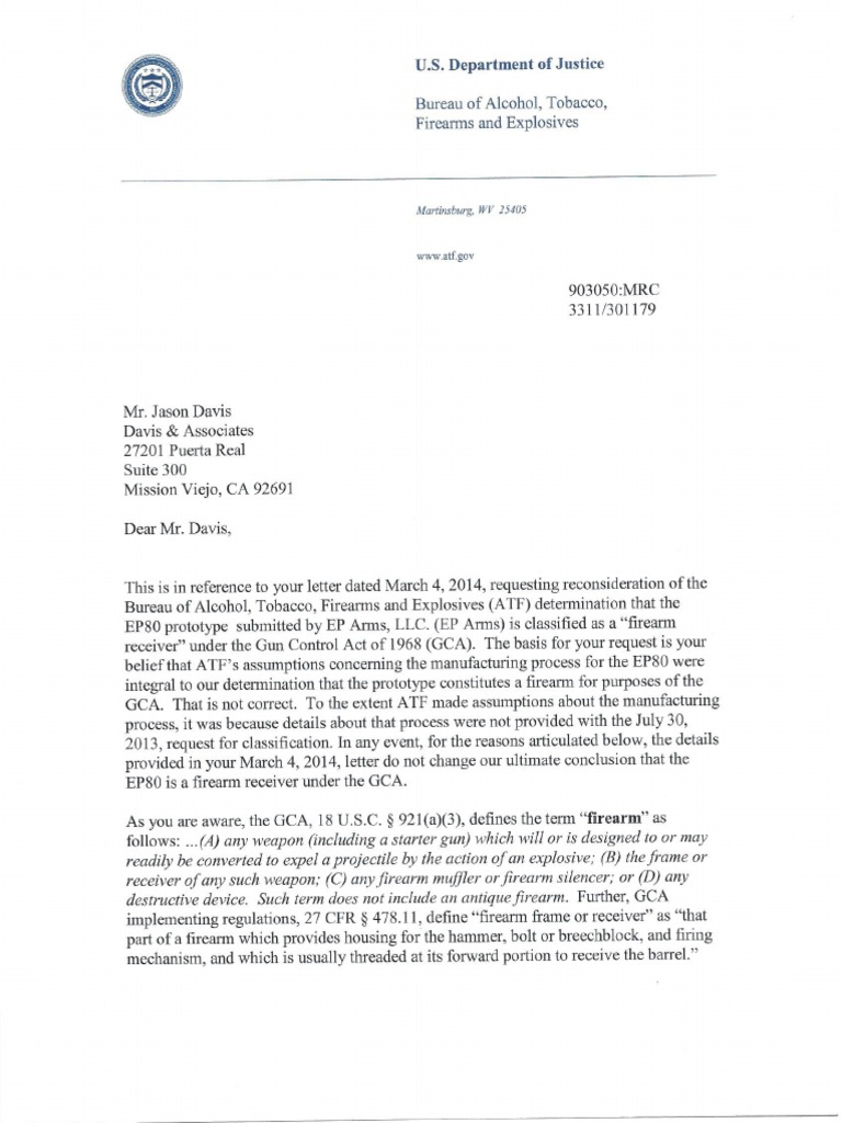 ATF Letter to EP Armory