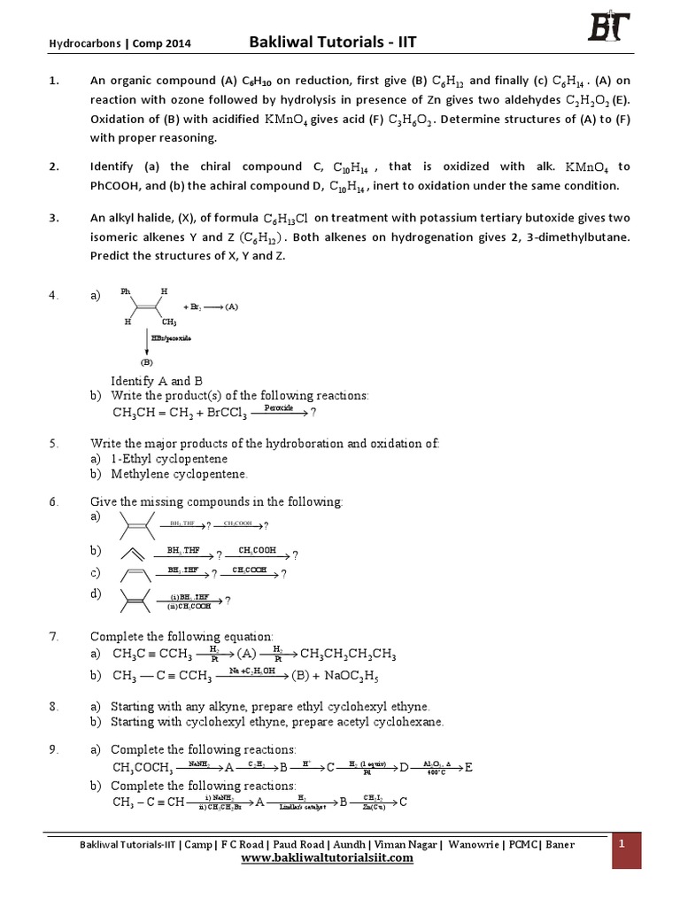 Hydrocarbons Practice Sheet | PDF | Alkene | Alkane