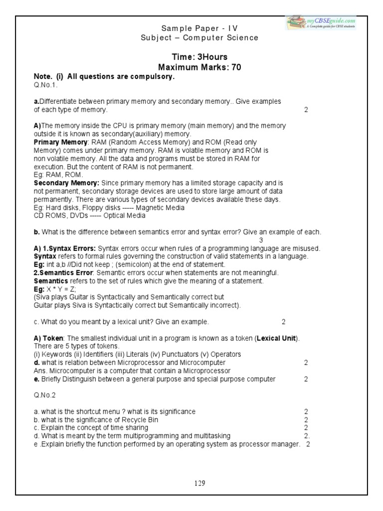 CBSE Class 11 Computer Science Sample Paper02 Computer Data Storage