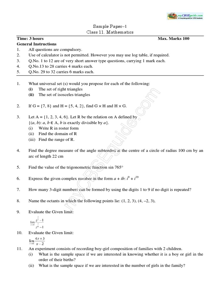 CBSE Class 11 Mathematics Sample Paper-06 (Solved) | PDF | Teaching ...