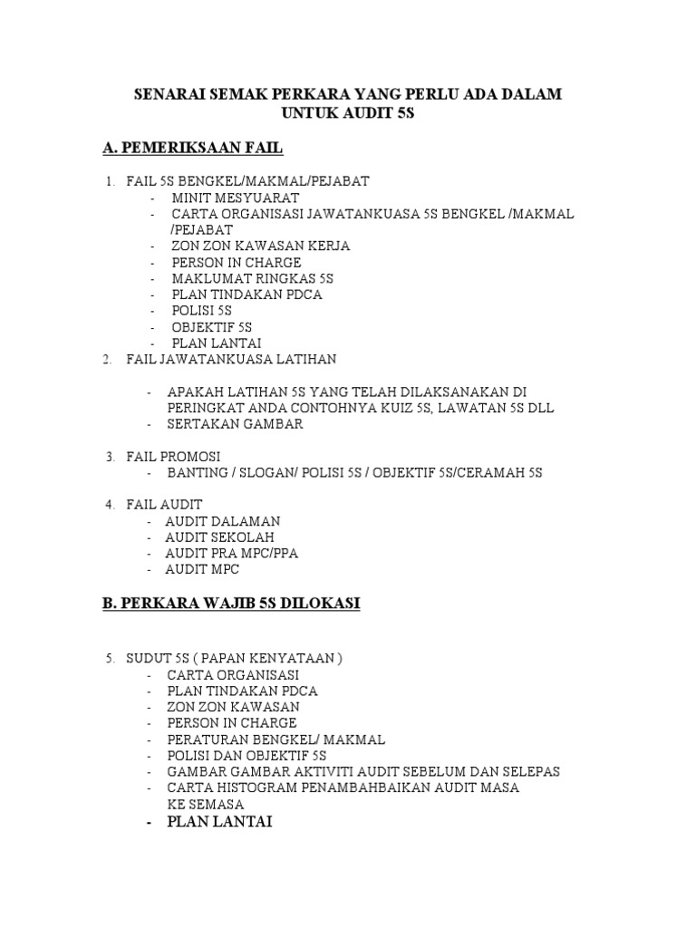 Perkara Yang Perlu Ada Dalam Untuk Audit 5s Pdf