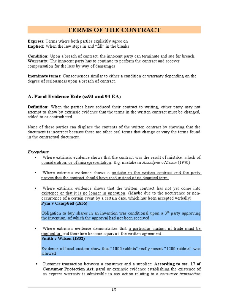 Terms of the Contract Contractual Term Misrepresentation