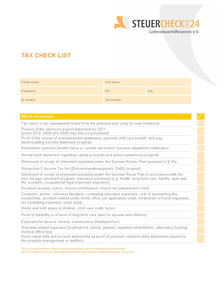 Tax Check List Which Documents